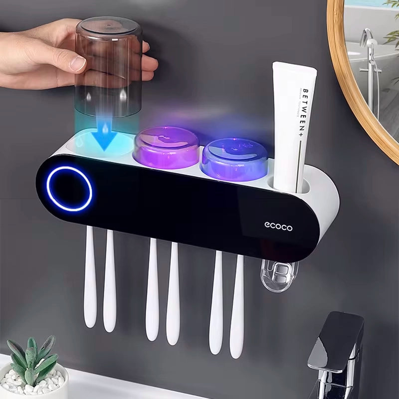 Solar Hygienic Toothbrush Holder & Dispenser with UV Sterilization and Built-In Toothpaste Dispenser in a Modern Bathroom