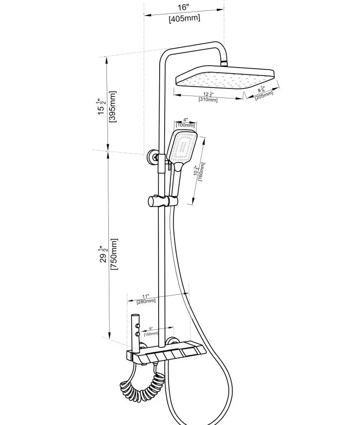 Shower panel system technical drawing with measurements for installation and design reference.