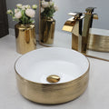 Gold round ceramic bathroom sink with waterfall faucet and pop-up drain, Lavabory BSF02