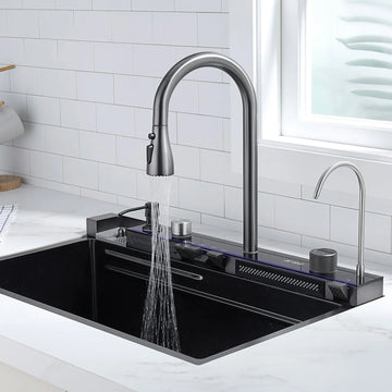 Elegant kitchen faucet with integrated digital display and modern design.