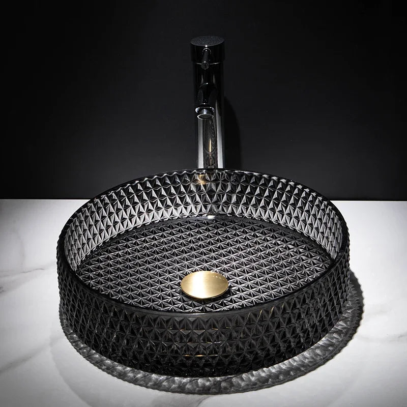 Lavabory BSF04: Black Crystal Glass Bathroom Vessel Sink with Faucet - Deck Mount