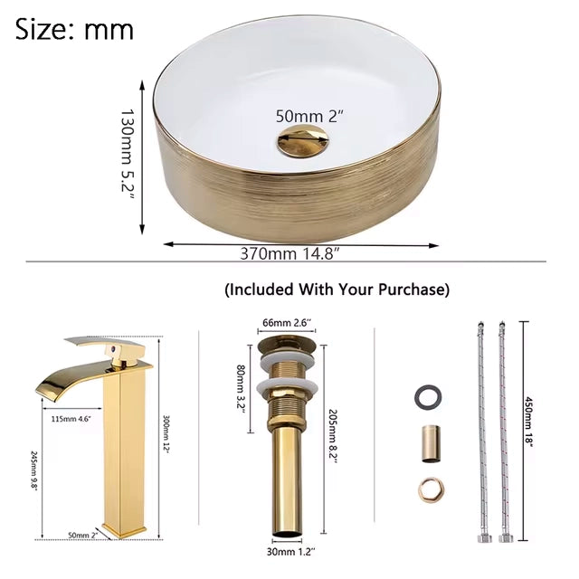 Gold round ceramic bathroom sink with waterfall faucet and pop-up drain, Lavabory BSF02