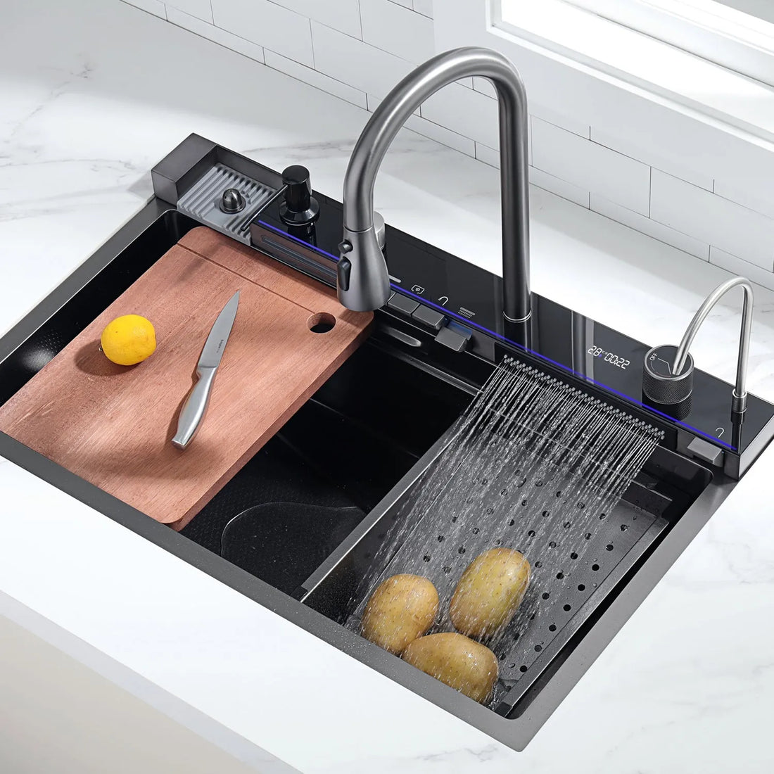 Elegant kitchen faucet with integrated digital display and modern design.